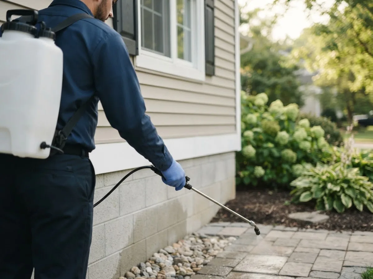 Pest control technician inspecting a home in Middleport, OH